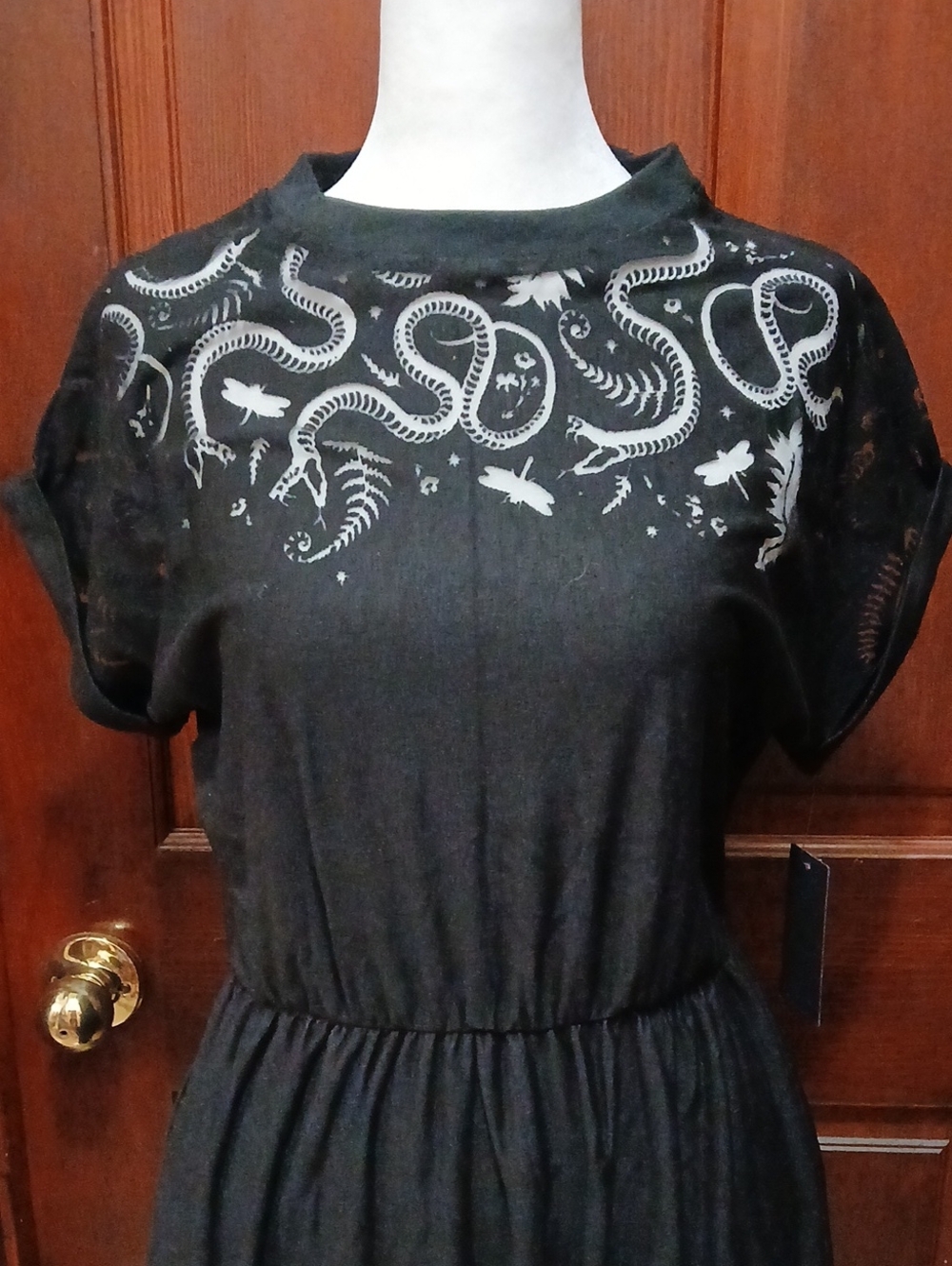 Black Short-Sleeve Burnout Dress with Snake & Botanical Print